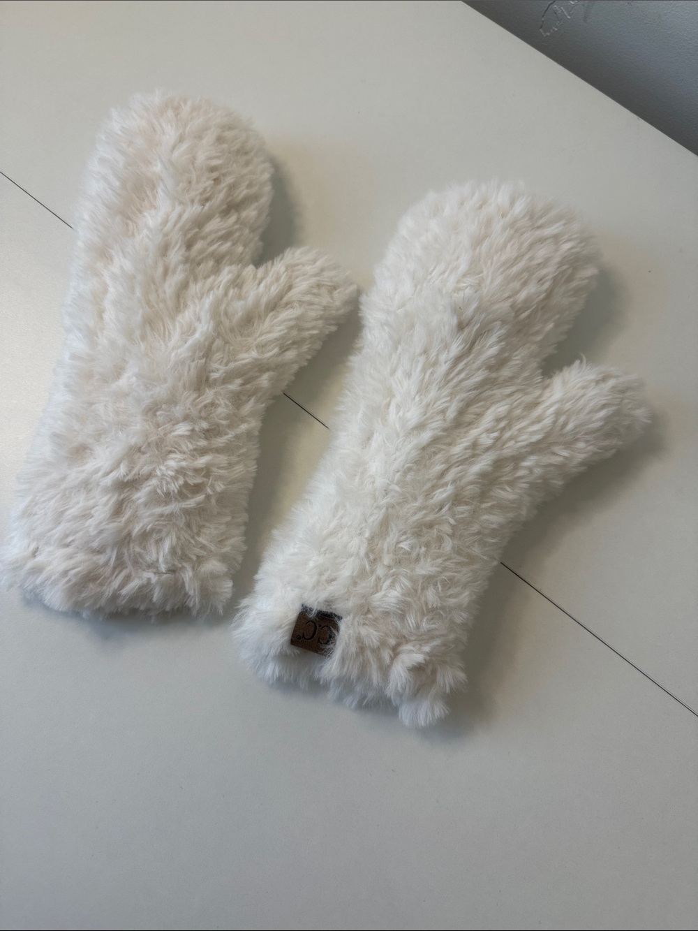C.C Cream Plush Faux Fur Mittens